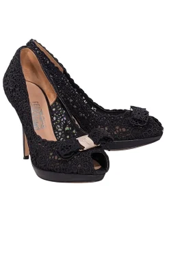 Ferragamo - Black Eyelet Lace Peep Toe Pumps Sz 8.5