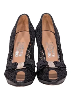 Ferragamo - Black Eyelet Lace Peep Toe Pumps Sz 8.5