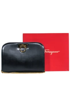 Ferragamo - Black Leather "Dina" Clutch-Style Crossbody w/ Chain Strap