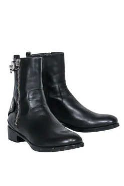 Ferragamo - Black Leather "Rebel" Biker-Style Booties w/ Silver Hardware Sz 7.5