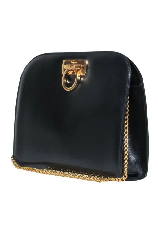 Ferragamo - Black Leather "Dina" Clutch-Style Crossbody w/ Chain Strap