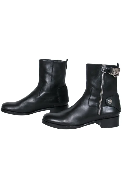 Ferragamo - Black Leather "Rebel" Biker-Style Booties w/ Silver Hardware Sz 7.5