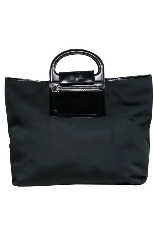 Ferragamo - Black Nylon Tote w/ Patent Leather Trim & Top Handle