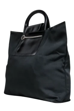 Ferragamo - Black Nylon Tote w/ Patent Leather Trim & Top Handle