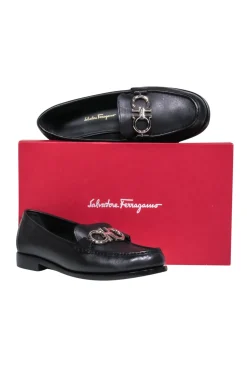Ferragamo - Black Square Toe Loafers w/ Silver-Toned Hardware Sz 8