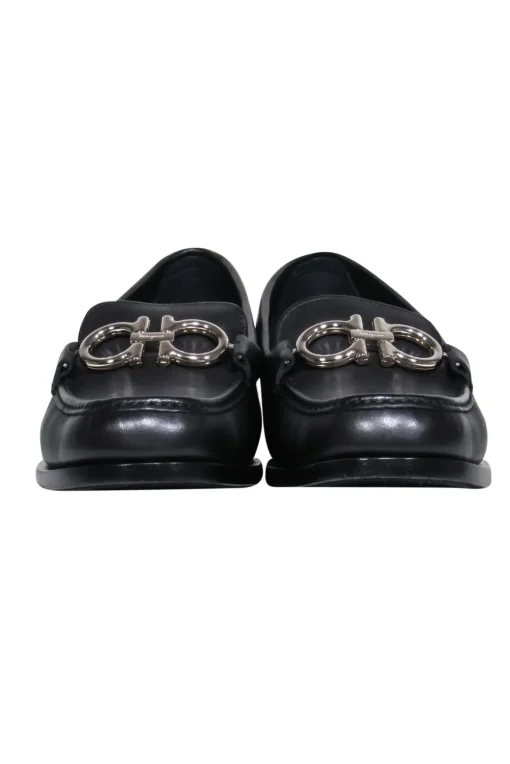 Ferragamo - Black Square Toe Loafers w/ Silver-Toned Hardware Sz 8