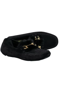 Ferragamo - Black Suede Loafers w/ Mink Trim and Gold Details Sz 11