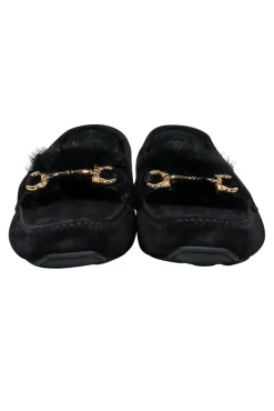 Ferragamo - Black Suede Loafers w/ Mink Trim and Gold Details Sz 11