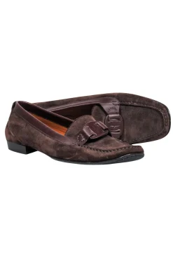 Ferragamo - Brown Suede Loafers w/ Leather Strap Design Sz 9.5
