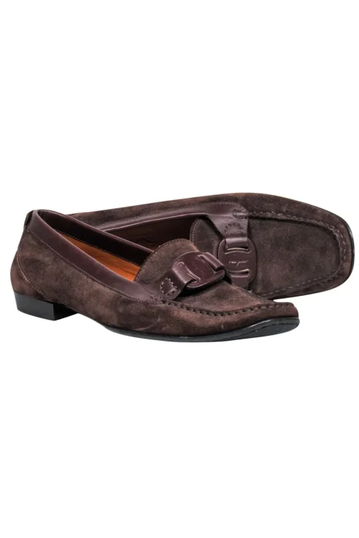 Ferragamo - Brown Suede Loafers w/ Leather Strap Design Sz 9.5