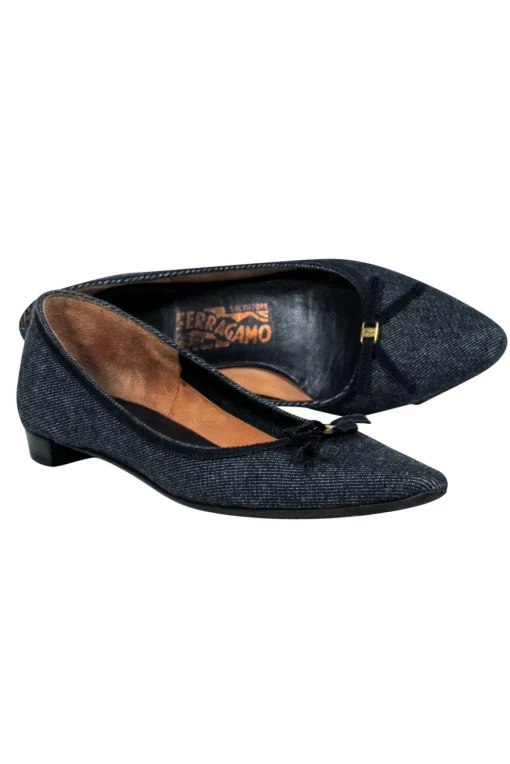 Ferragamo - Chambray Pointed Toe Flats w/ Bow Sz 6