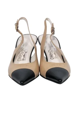Ferragamo - Cream & Black Cap Toe Slingback Pumps Sz 6.5