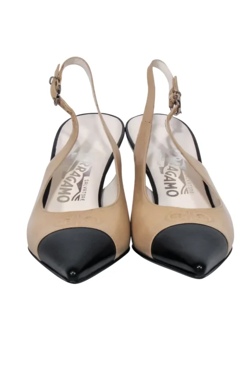 Ferragamo - Cream & Black Cap Toe Slingback Pumps Sz 6.5
