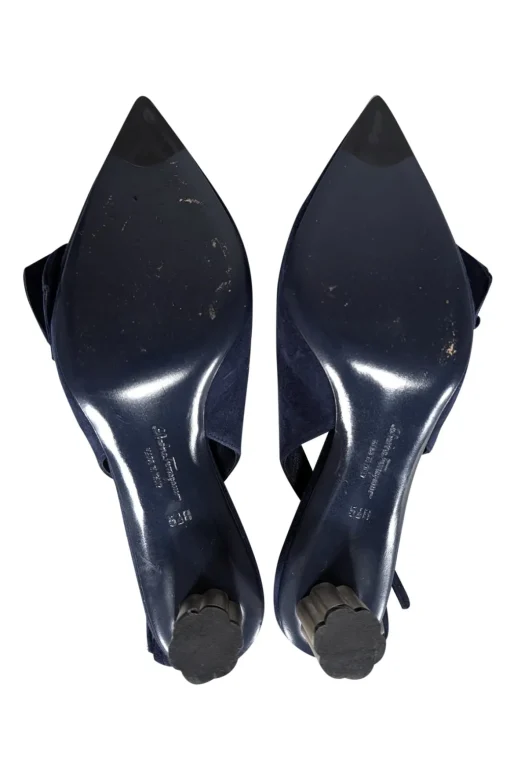Ferragamo - Navy Suede Bow Toe Sling Back Heels Sz 5.5