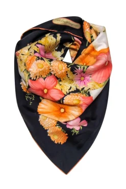 Ferragamo - Peach, Pink, Yellow & Black Floral Print Silk Scarf