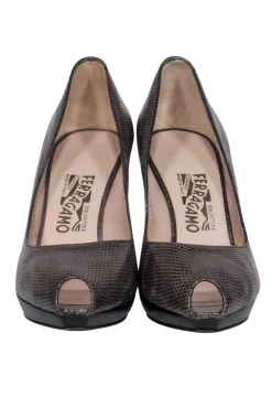 Ferragamo - Purple & Brown Snakeskin Embossed Peep Toe Pumps Sz 9