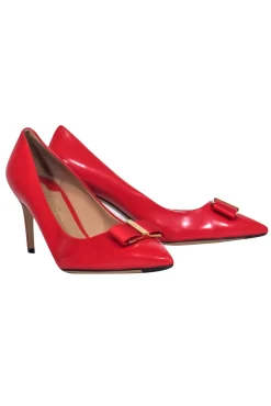 Ferragamo - Red Shiny Leather "Erice" Pointed Toe Bow Pumps Sz 9.5