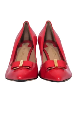 Ferragamo - Red Shiny Leather "Erice" Pointed Toe Bow Pumps Sz 9.5