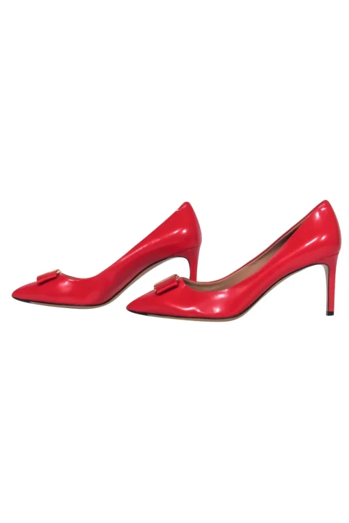 Ferragamo - Red Shiny Leather "Erice" Pointed Toe Bow Pumps Sz 9.5