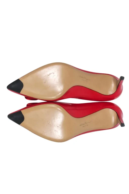 Ferragamo - Red Shiny Leather "Erice" Pointed Toe Bow Pumps Sz 9.5