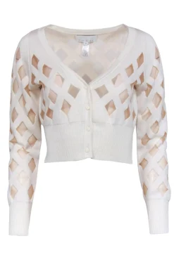 Fleur Du Mal - Cream Cropped Cardigan w/ Sheer Diamond Pattern Sz M