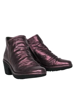 Fly London - Bronze Leather Round Toe Block Heel Booties Sz 9