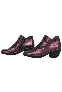 Fly London - Bronze Leather Round Toe Block Heel Booties Sz 9
