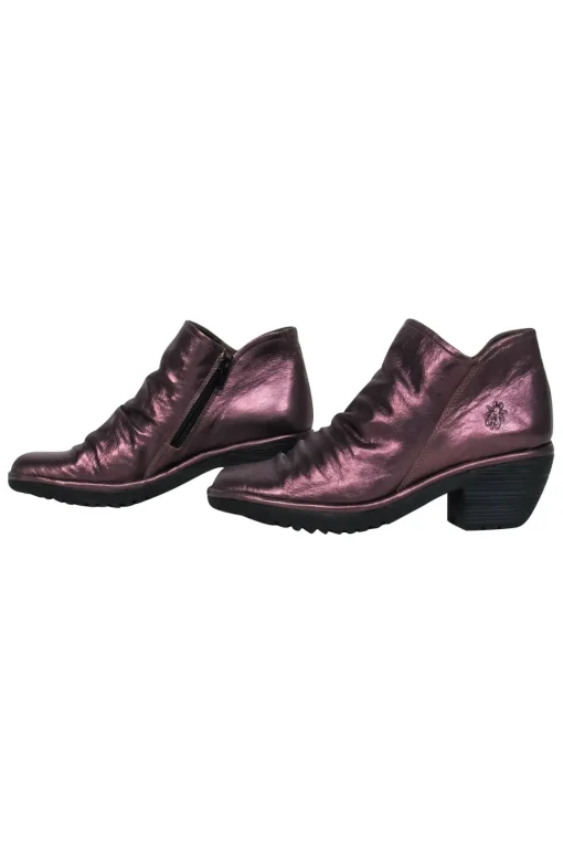 Fly London - Bronze Leather Round Toe Block Heel Booties Sz 9