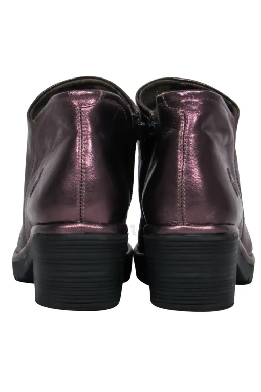 Fly London - Bronze Leather Round Toe Block Heel Booties Sz 9
