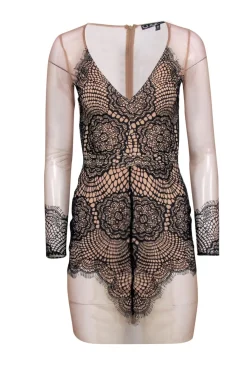 For Love & Lemon - Nude Sheer Bodycon Dress w/ Lace Overlay Sz S