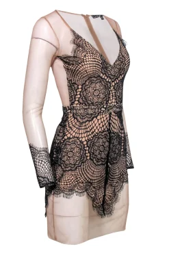 For Love & Lemon - Nude Sheer Bodycon Dress w/ Lace Overlay Sz S