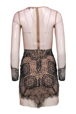 For Love & Lemon - Nude Sheer Bodycon Dress w/ Lace Overlay Sz S