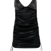For Love & Lemons - Black Satin Mini Dress w/ Ruching & Bedazzled Detail Sz M