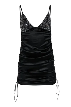 For Love & Lemons - Black Satin Mini Dress w/ Ruching & Bedazzled Detail Sz M