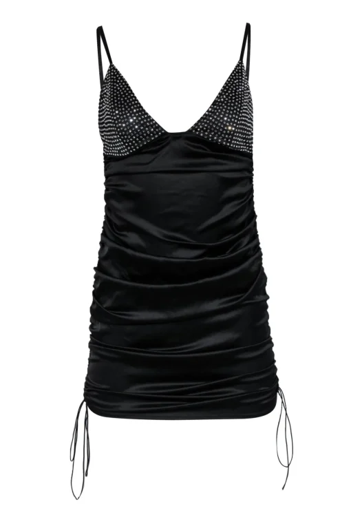 For Love & Lemons - Black Satin Mini Dress w/ Ruching & Bedazzled Detail Sz M