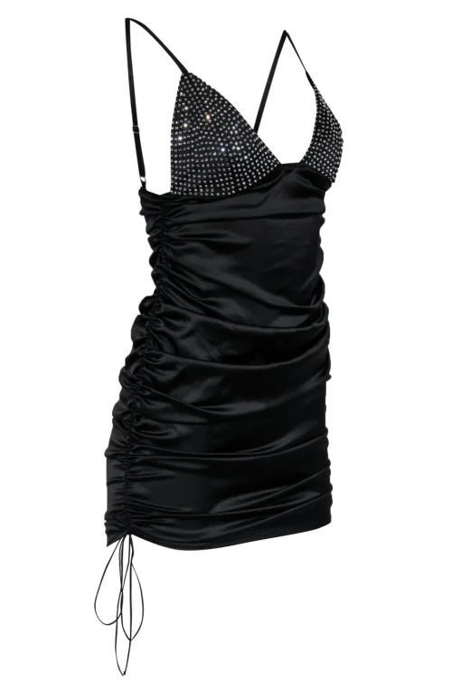 For Love & Lemons - Black Satin Mini Dress w/ Ruching & Bedazzled Detail Sz M