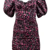 For Love & Lemons - Black w/ Pink Rose Print Satin Ruched Dress Sz S