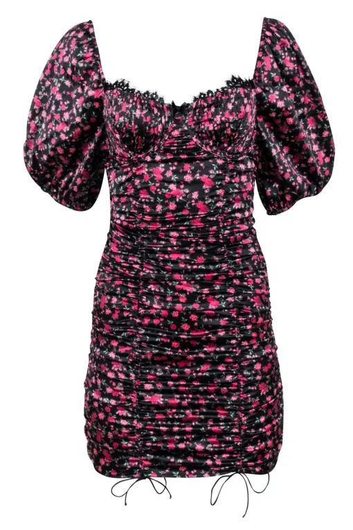 For Love & Lemons - Black w/ Pink Rose Print Satin Ruched Dress Sz S