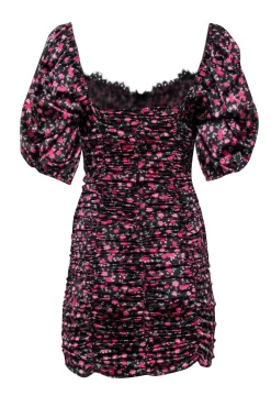 For Love & Lemons - Black w/ Pink Rose Print Satin Ruched Dress Sz S