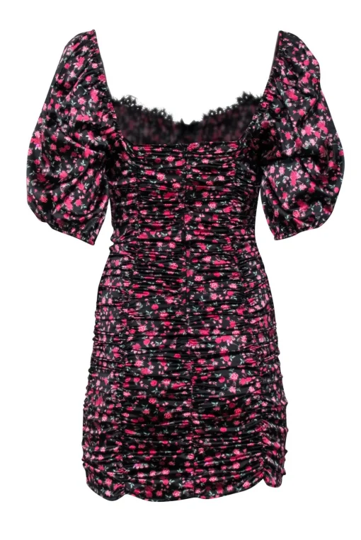 For Love & Lemons - Black w/ Pink Rose Print Satin Ruched Dress Sz S