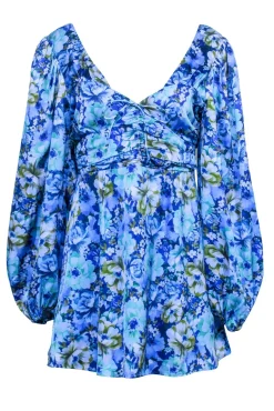 For Love & Lemons - Blue & Green Floral Print Long Sleeve Mini Dress Sz L