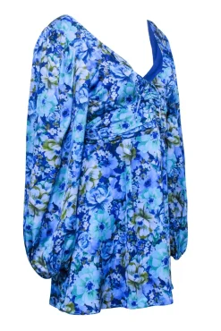 For Love & Lemons - Blue & Green Floral Print Long Sleeve Mini Dress Sz L