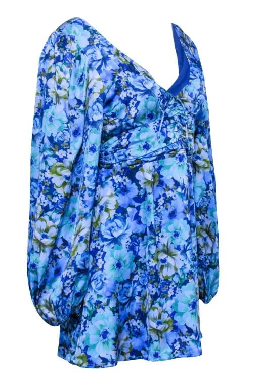 For Love & Lemons - Blue & Green Floral Print Long Sleeve Mini Dress Sz L