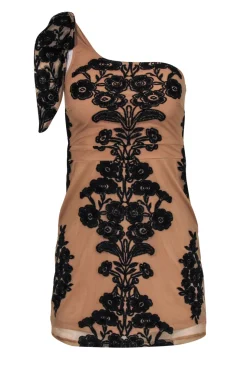 For Love & Lemons - Tan & Black Embroidered One-Shoulder Bodycon Dress Sz XS