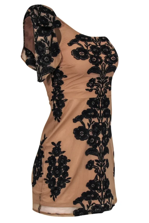 For Love & Lemons - Tan & Black Embroidered One-Shoulder Bodycon Dress Sz XS