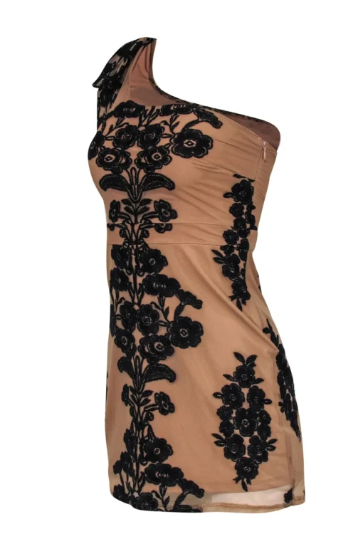 For Love & Lemons - Tan & Black Embroidered One-Shoulder Bodycon Dress Sz XS
