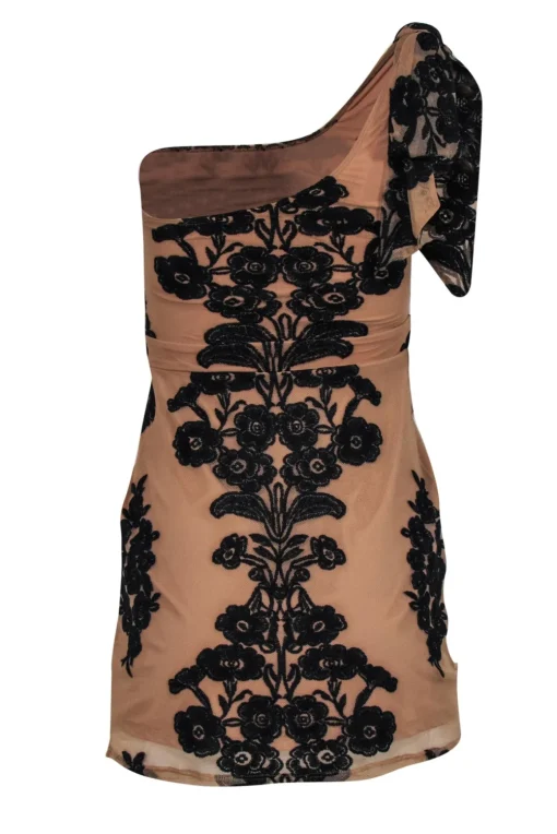 For Love & Lemons - Tan & Black Embroidered One-Shoulder Bodycon Dress Sz XS