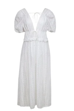 For Love & Lemons - White Floral Eyelet Maxi Dress w/ Puff Sleeves Sz L