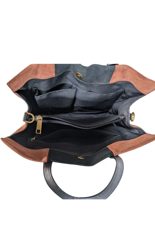 Fossil - Tan & Black Color-Block Suede Satchel Bag