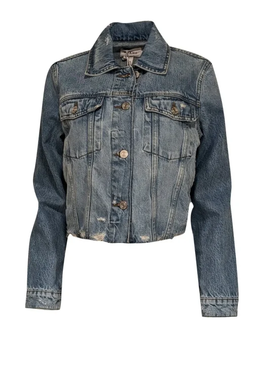 Frame - Light Wash Distressed Cropped Denim Jacket Sz XS